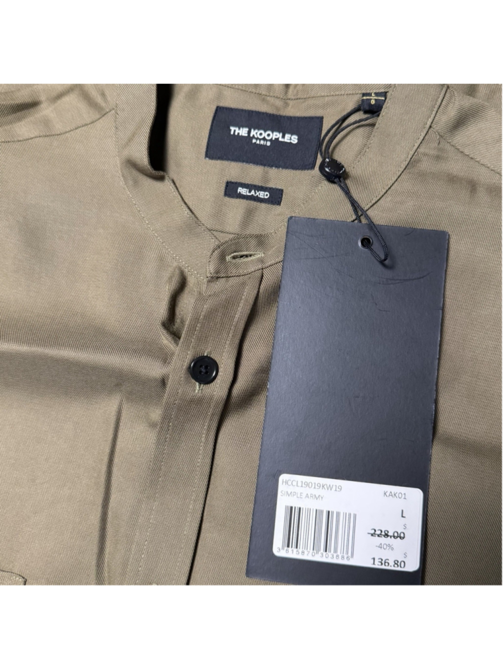 The Kooples NWT Mens LG Army Green DBL Pocket Band Collar LS Button Up Relaxed